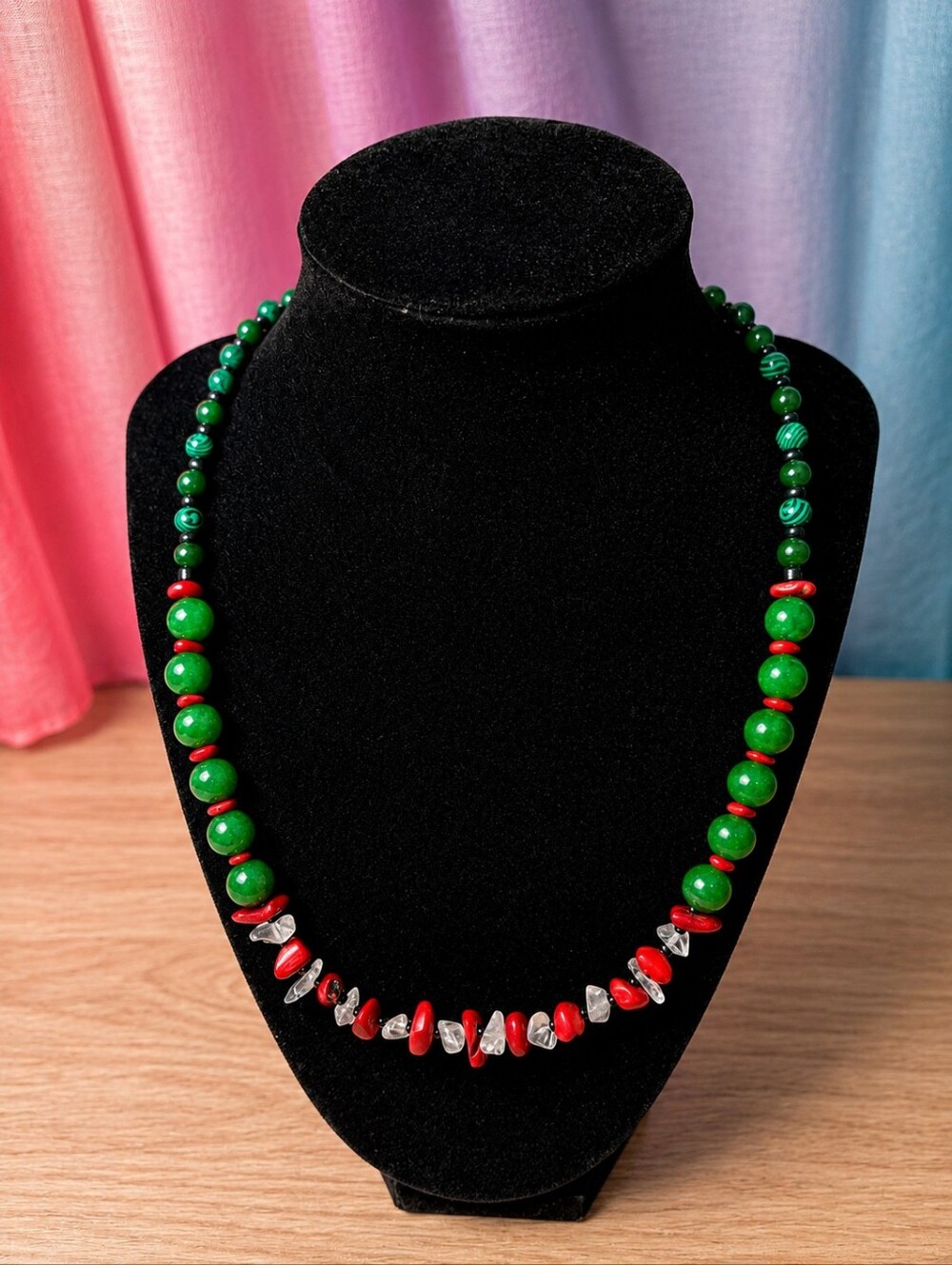 Handmade Green and Red Beaded Necklace with Clear Accents